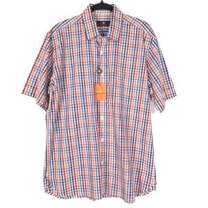 NWT TOSCANO PATRICK ASSARAF Men’s Mandarin Shirt Plaid Short Sleeve Cotton LARGE